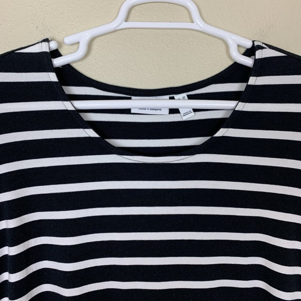 D&Co Denim & Co Womens 2X Dress Black White Stripe Elbow Sleeve Beach Nautical - Picture 5 of 12